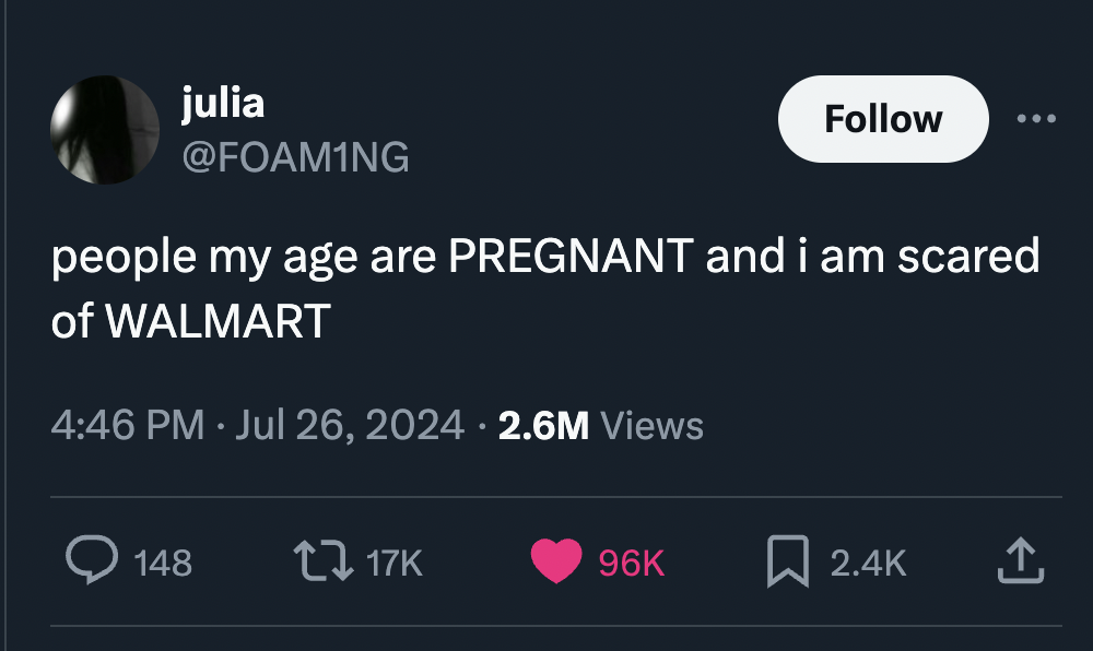 screenshot - julia people my age are Pregnant and i am scared of Walmart 2.6M Views 96K